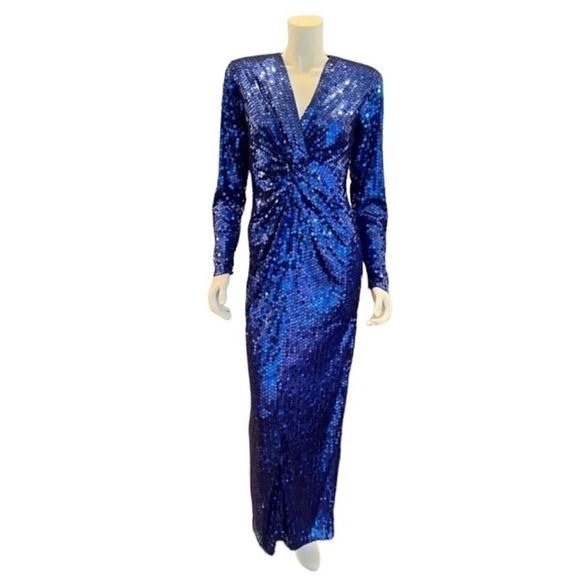 Oleg Cassini,Beautiful Shimmery Royal Blue Sequin, long sleeve Vintage Gown 10 - Picture 1 of 15